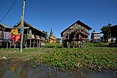 Inle Lake Myanmar. All the buildings are constructed on piles. Residents travel around by canoe, but there are also bamboo walkways and bridges over the canals, monasteries and stupas. 